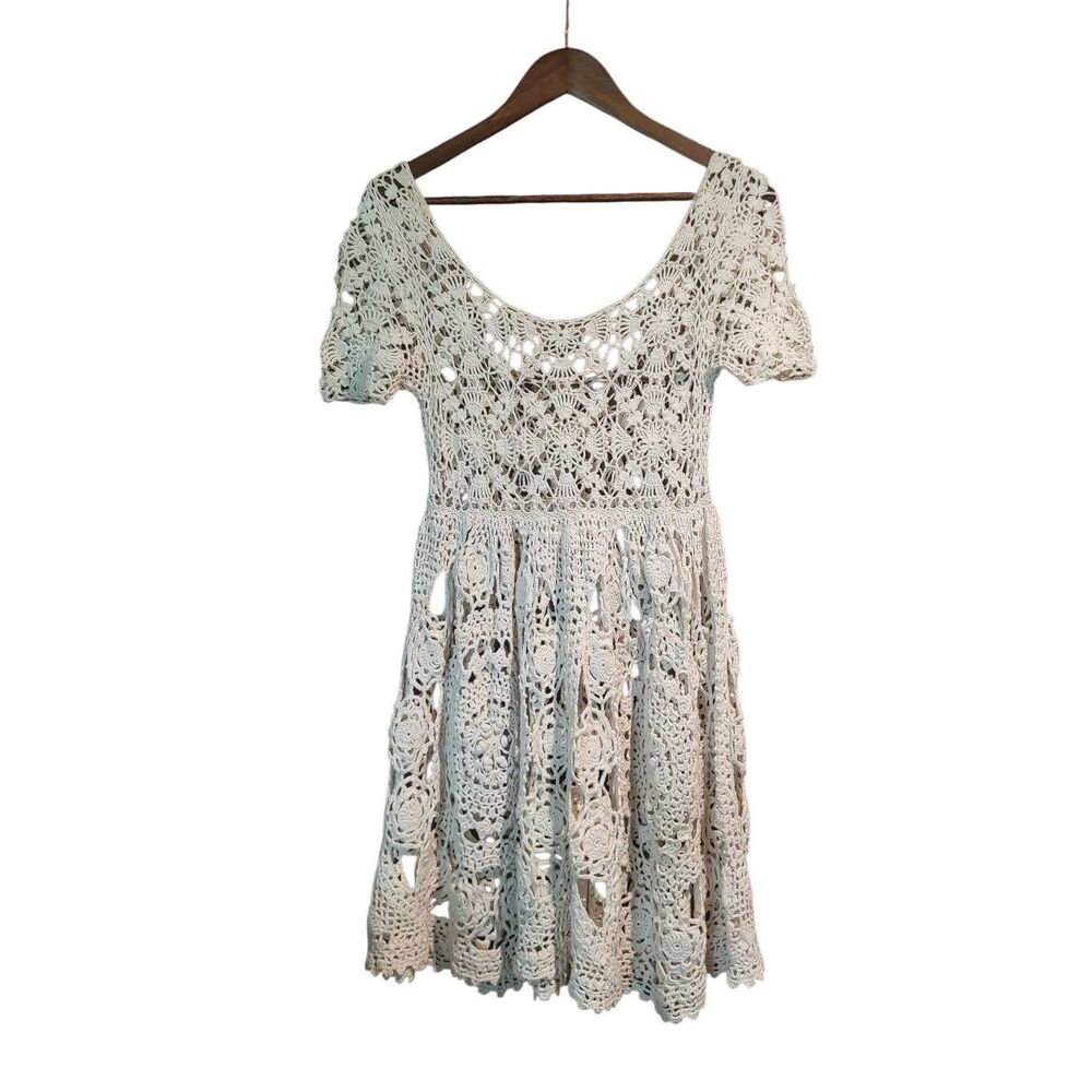Anthropologie Knitted ans Knotted Dress Women's XS Ivory Open Work Crochet Mini